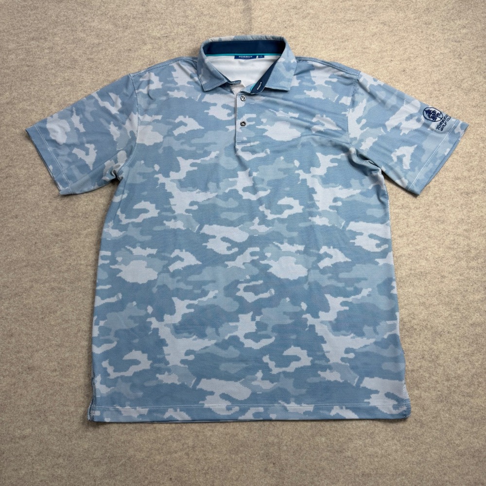 Devereux Mens Torrey Pines Golf Polo Shirt Blue Camo Short Sleeve Size Large
